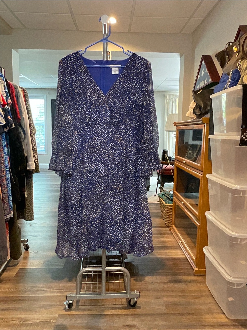 DKNY Navy Blue Floral Wrap Midi Dress